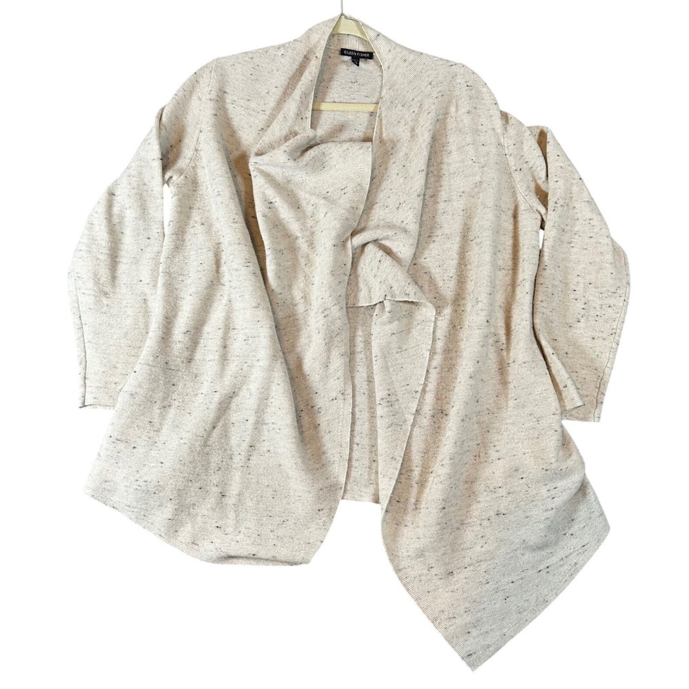 Eileen Fisher Speckled Open Front Cardigan Sweater Knit Beige Large Wool Blend - Picture 1 of 7